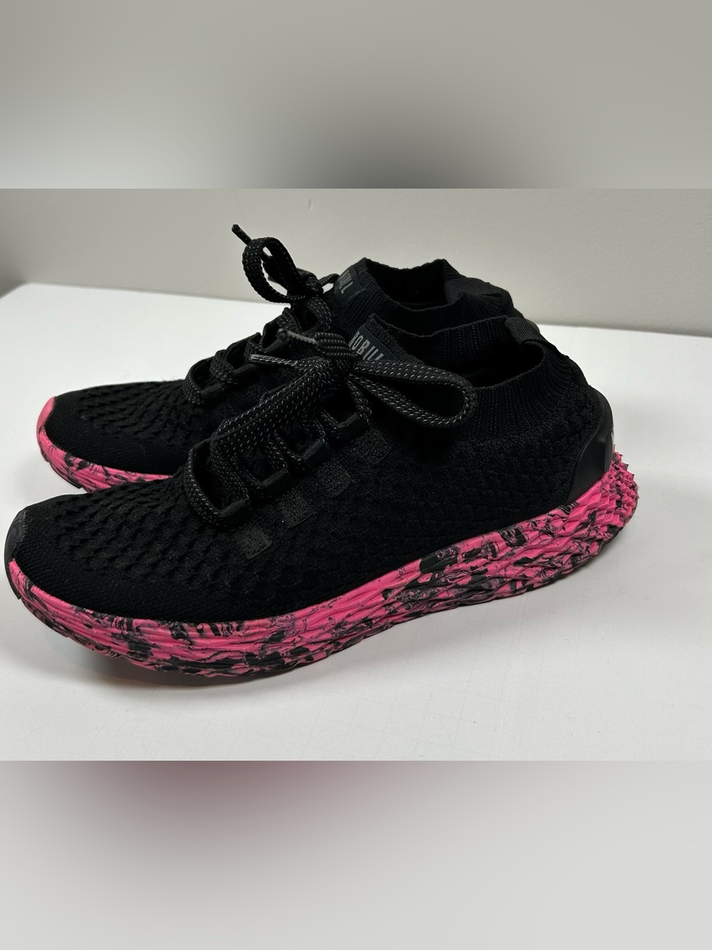 Nobull AllDay Knit Runner Black Knit Athletic Sneakers with Pink Marbled Sole